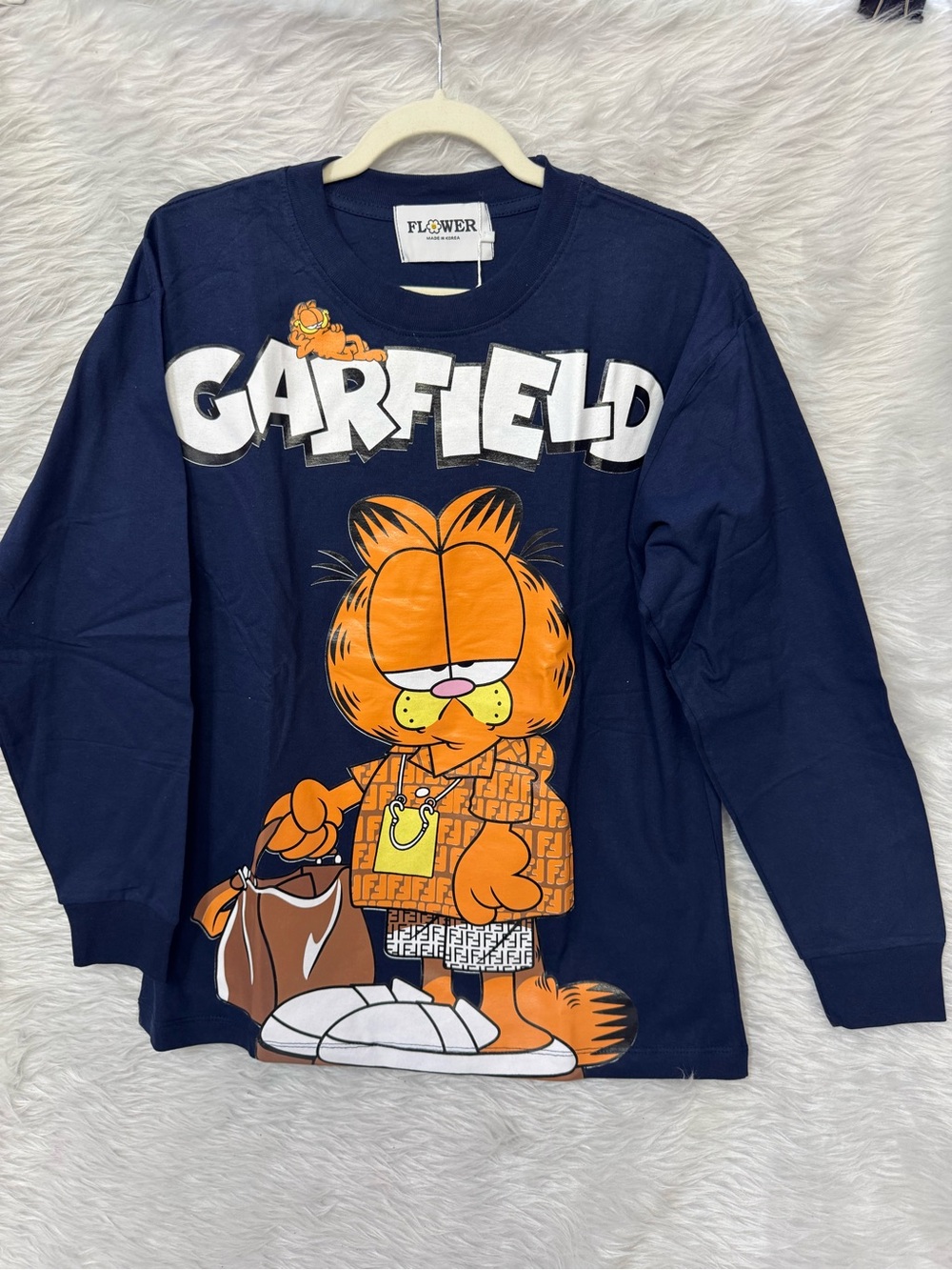 Flower Garfield Graphic Long-Sleeve Tee - Navy & Orange